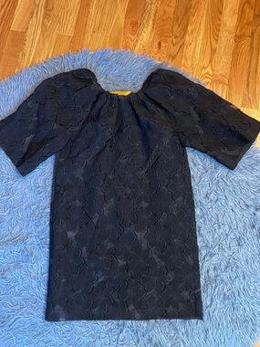 Lanvin Vintage Black Wool Silk Floral Lace Voluminous Sleeves Mini Dress Size S